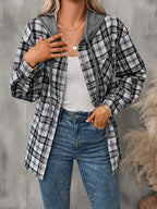 Plaid Buttoned Long Sleeve Hooded Jacket for Women – Cozy & Stylish Cotton-Blend Outerwear