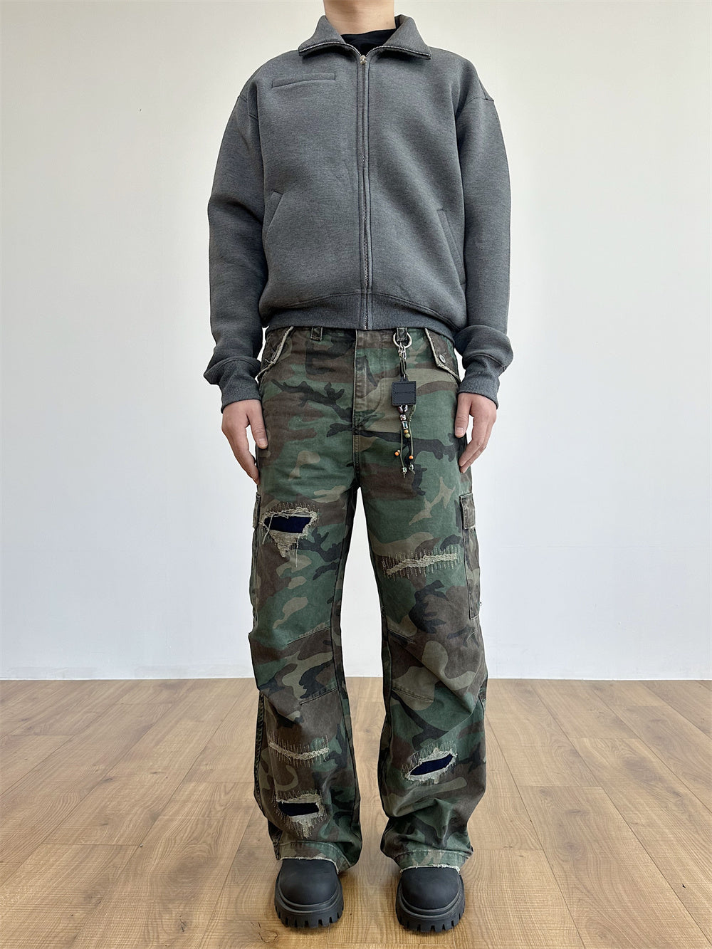Distressed Military Camouflage Destruction Affixed Cloth Embroidered Loose Straight Cargo Pants Lootquake LLC