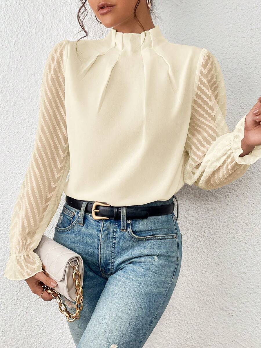 Women's Half-turtleneck Stitching Wavy Chiffon Long-sleeved Top Pi-Mart
