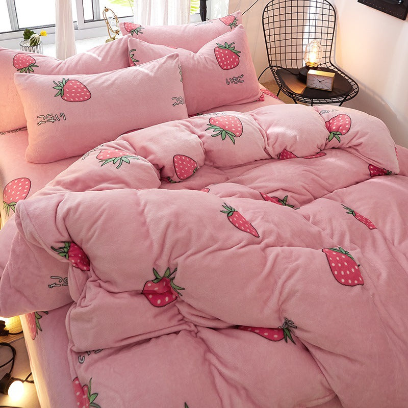 Flannel Bed Sheet Cover, Quilt Cover, Pillowcase And Bedding Set Of 4 Pi-Mart