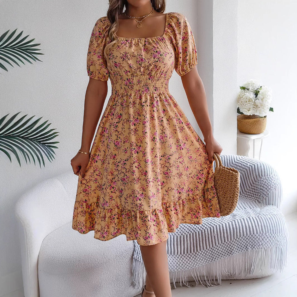 Floral Print Square Collar Dress Summer Fashion Ruffles Dresses Women's Clothing Pi-Mart