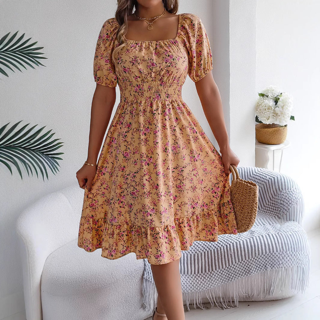 Floral Print Square Collar Dress Summer Fashion Ruffles Dresses Women's Clothing Pi-Mart