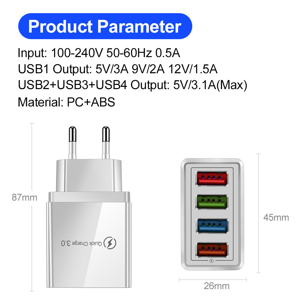 USB Charger Quick Charge 3.0 4 Phone Adapter For Tablet Portable Wall Mobile Charger Fast Charger Pi-Mart