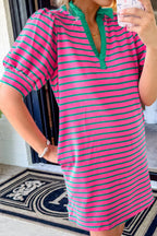 Pink Striped Collar Puff Sleeve Mini Tee Dress Chic & Casual Statement Piece Simple Women Dress