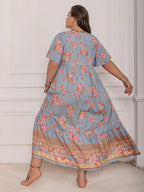 Pink Purple Plus Size Printed Flutter Sleeve Maxi Dress Elegant & Flowy Dress Unique Design Stevvex