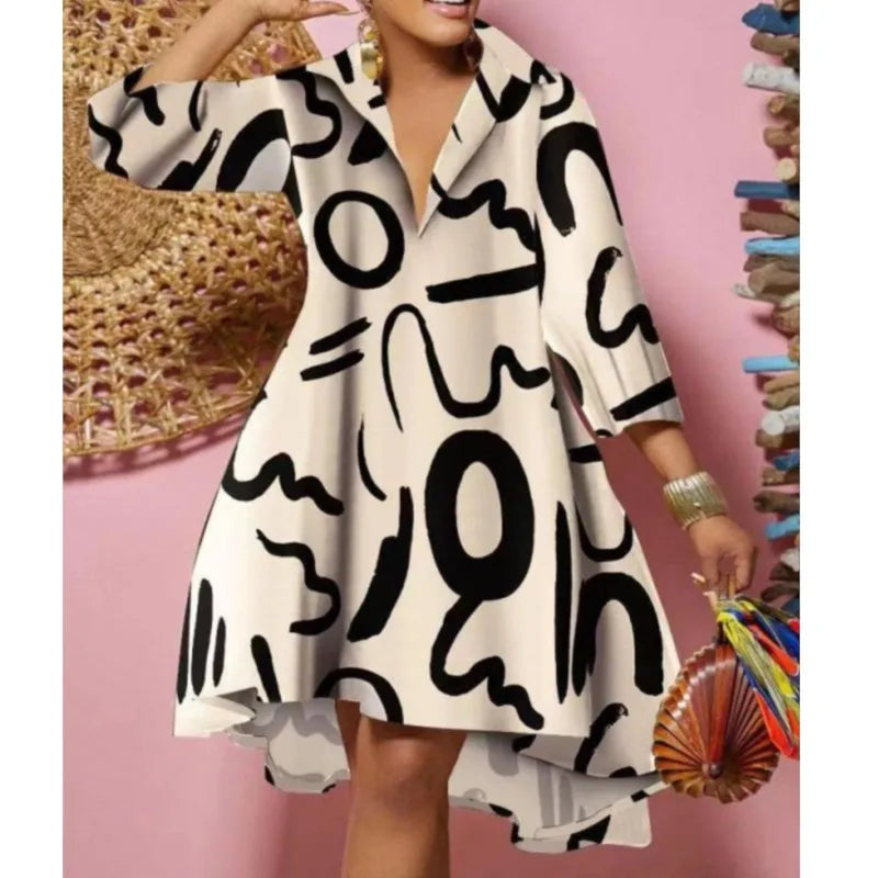 Women Sexy Fashion Printed Shirt Dresses Chic V Neck Loose Long Sleeve Dress Causal Vacation Female Mini Vestidos Robe Clothing Purplish Diva