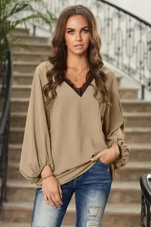 Lace V Neck Balloon Sleeves Top - SJB-DIAMOND ELITES