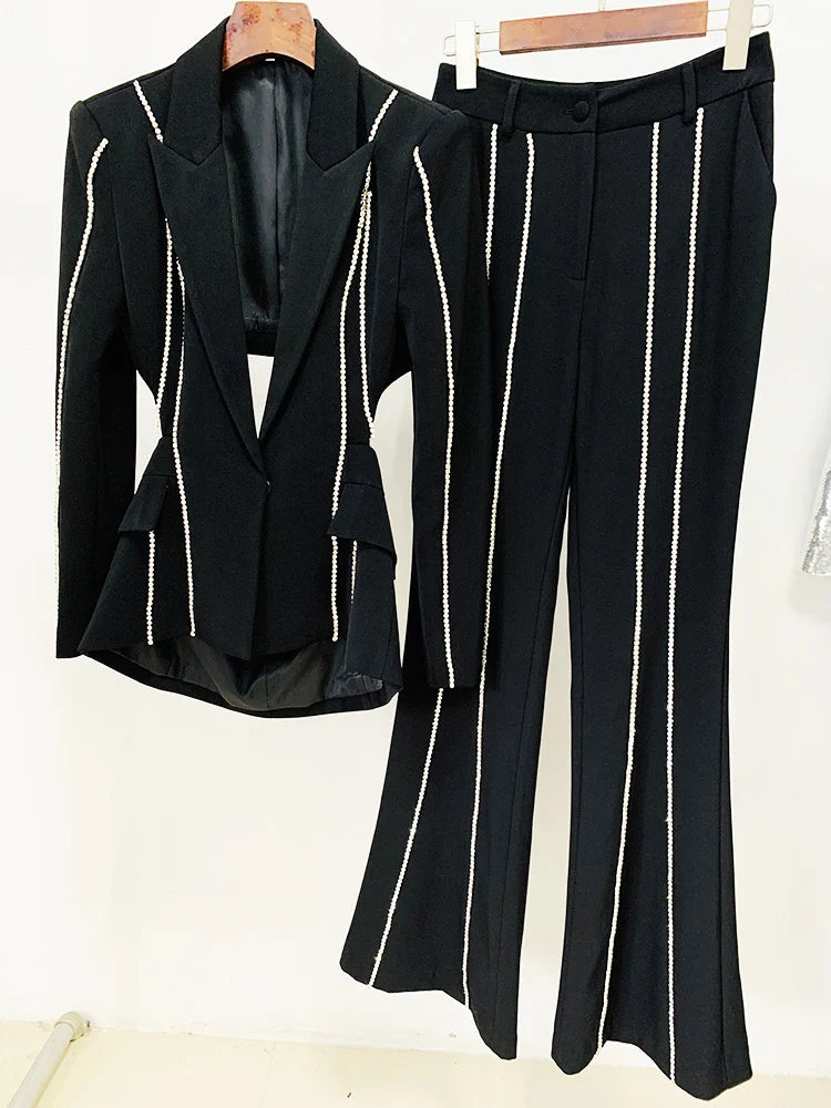 HIGH STREET Newest Fashion 2024 Designer Suit Set Women's Single Button Hollow Out Diamonds Beaded Blazer Flare Pants Set Purplish Diva
