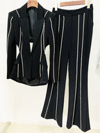 HIGH STREET Newest Fashion 2024 Designer Suit Set Women's Single Button Hollow Out Diamonds Beaded Blazer Flare Pants Set Purplish Diva
