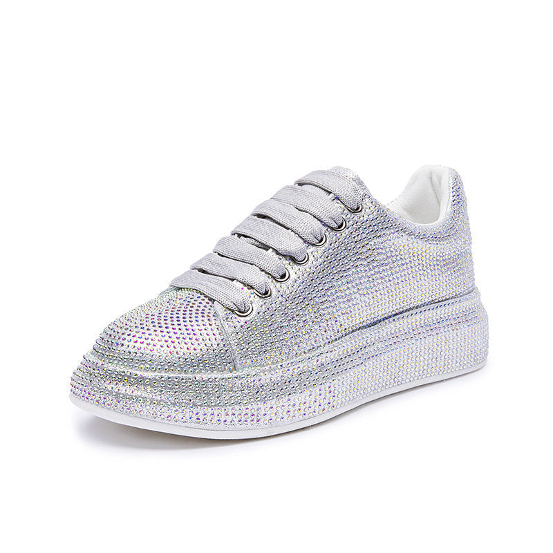 Women's Rhinestone-Embellished Sports Shoes - Waterproof White Wedge Sneakers (4-6cm Heel, Microfiber Leather) Pi-Mart