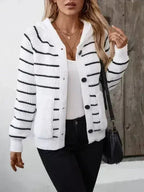 Striped Button Up Long Sleeve Hooded Cardigan - SJB-DIAMOND ELITES