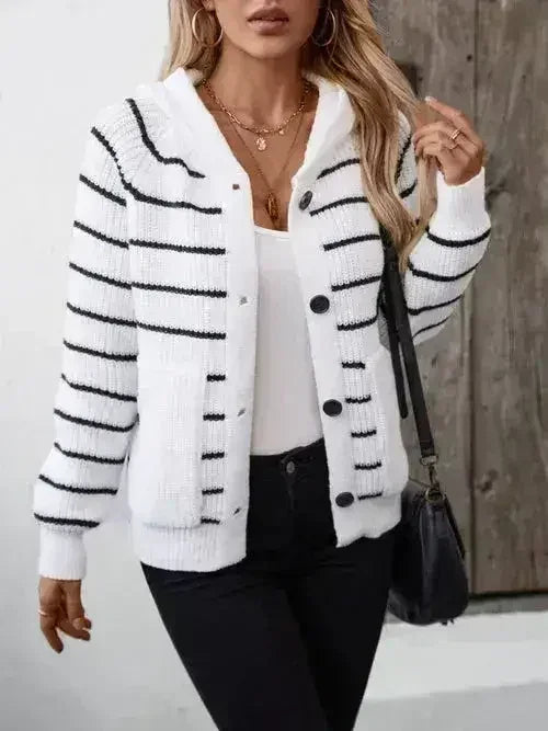 Striped Button Up Long Sleeve Hooded Cardigan - SJB-DIAMOND ELITES
