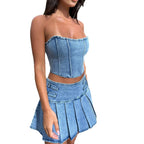 Denim Dress Sets Strapless Pullover Tops Solid Pleated Mini Skirts Spliced High Waist Skirt Matching Sets Streetwear Autumn Purplish Diva