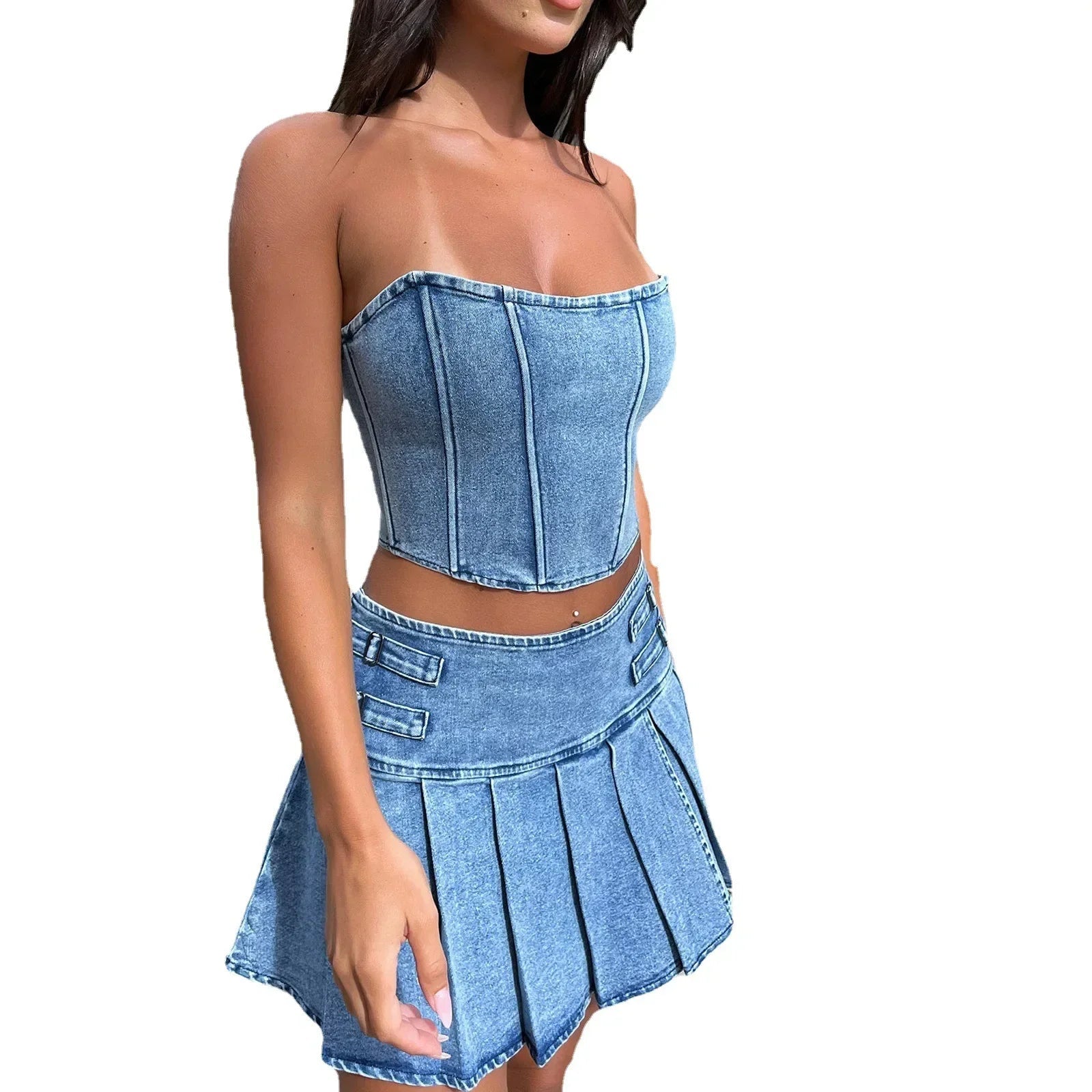Denim Dress Sets Strapless Pullover Tops Solid Pleated Mini Skirts Spliced High Waist Skirt Matching Sets Streetwear Autumn Purplish Diva