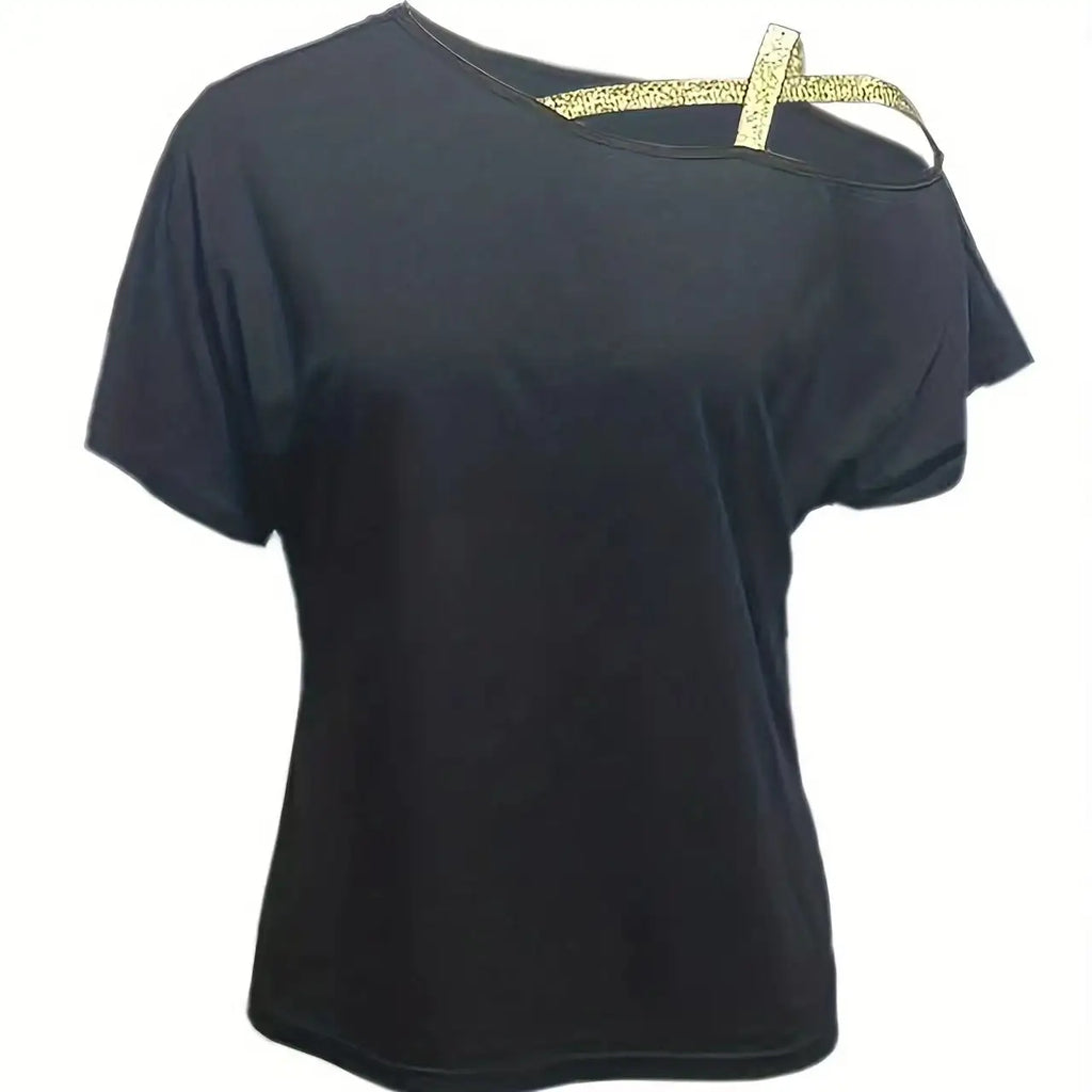 Women's Sequined Gold Shoulder Strap Off Shoulder Cross Off Shoulder Short Sleeved Tie Up T-shirt Top Shirt - SJB-DIAMOND ELITES