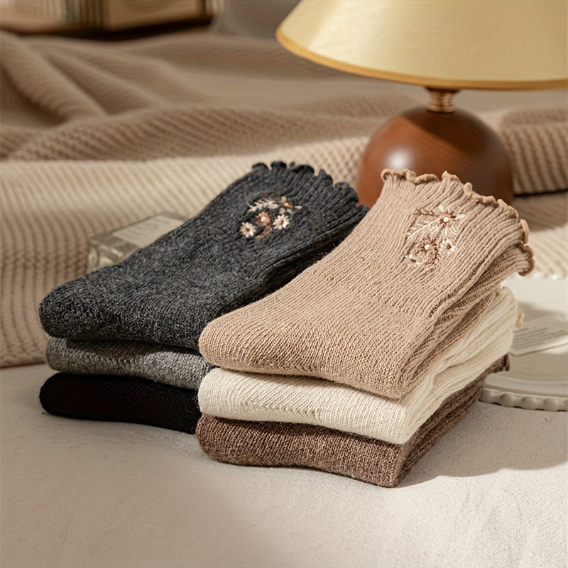 6 Pairs Floral Embroidery Socks, Comfy & Soft Lettuce Trim Socks, Women's Stockings & Hosiery Lootquake LLC