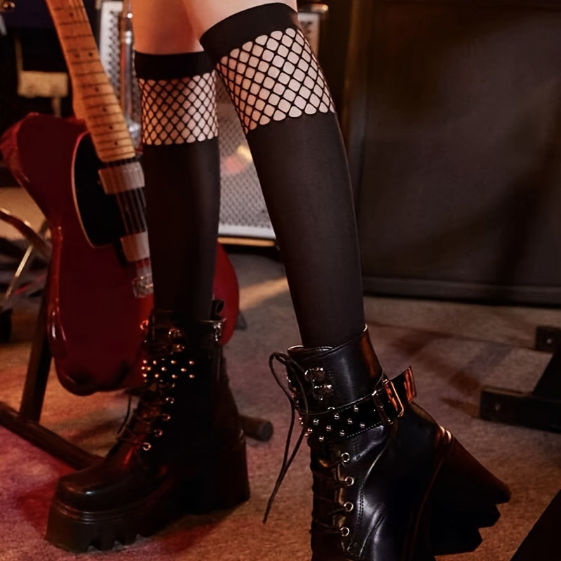Fishnet Patchwork Calf Socks, JK College Style Knee High Socks, Women's Stockings & Hosiery Lootquake LLC