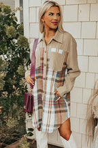 Khaki Plaid Patchwork Long Sleeve Mini Dress with Pockets