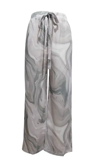 Ladies' Contrasting Printed Waist Strap Details, Loose Pleated Casual Style Wide Leg Pants - SJB-DIAMOND ELITES