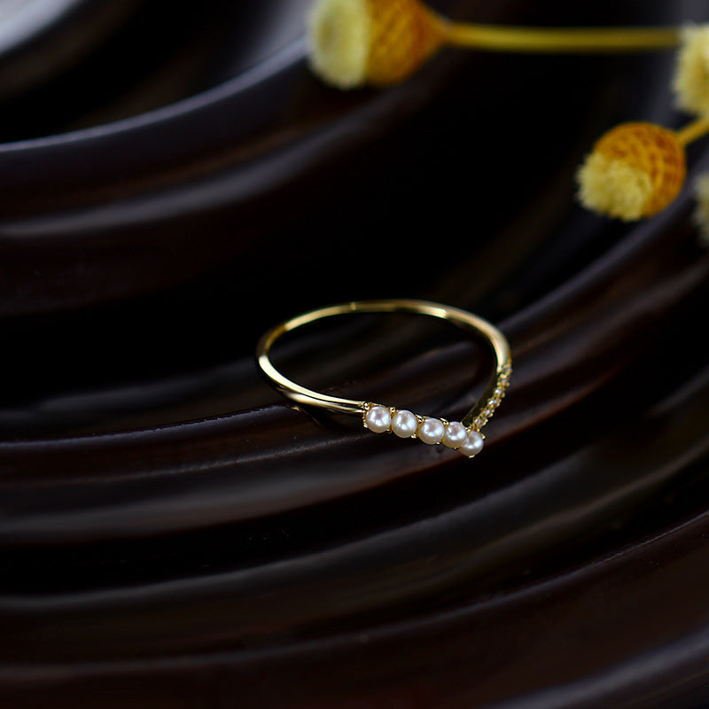 V-shaped Natural Pearl Zircon Ring Girl Pi-Mart