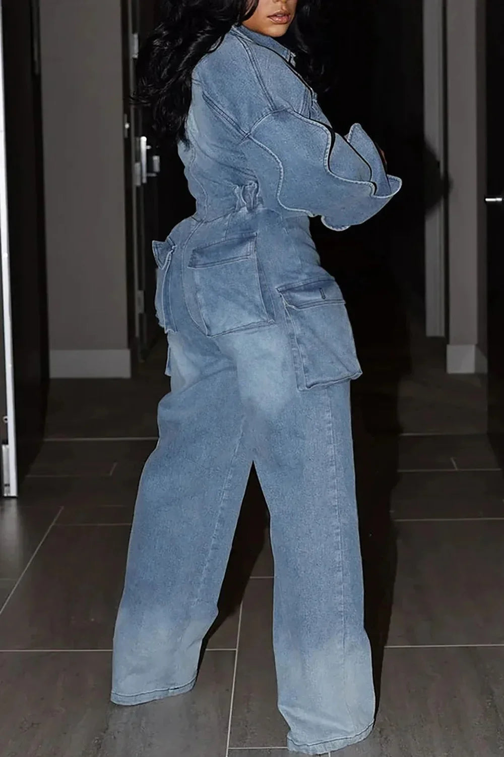 Women's Denim Cargo Jumpsuit Puff Sleeve Zipper Lantern Sleeve Jeans Harajuku Plus Size Casual Pockets Rompers Overall Outfit Purplish Diva