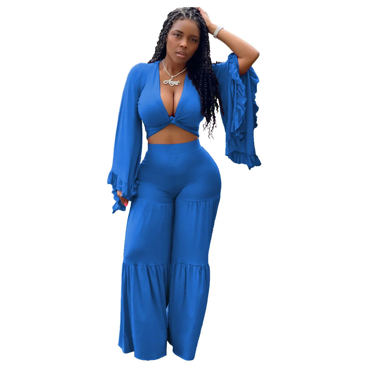 Casual Spring And Autumn For Women's Solid Color Long Sleeved Chest Wrap Top and Wide Leg Trousers Female Office 2 Piece Set Purplish Diva