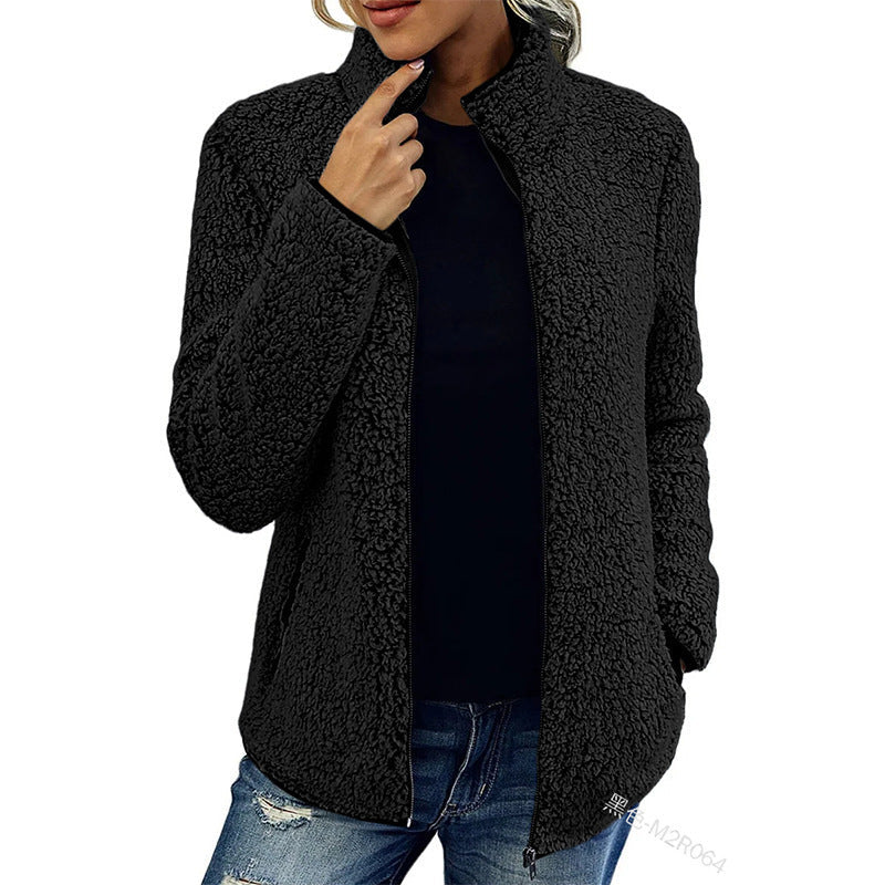 Fall Winter Warm Sweatshirt Stand Collar Solid Color Top Sweater Women's Casual Fashion Long Sleeve Zipper Bubble Velvet Coat Tops Pi-Mart