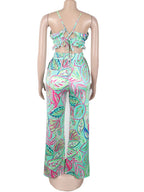 Beyprern Women Tropical Leaf Printed Lace-Back Crop Top And Wide Legs Pant Set Summer Ruched Floral Tracksuits Set Beach Outfits Purplish Diva