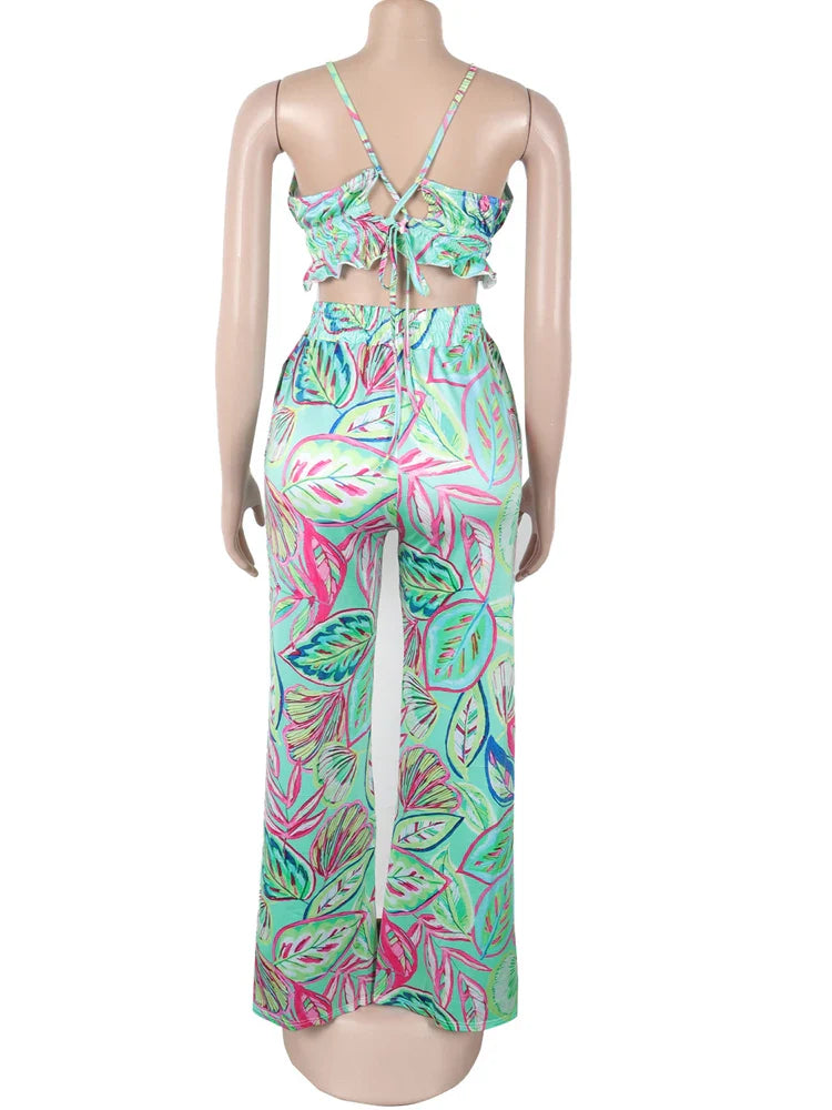 Beyprern Women Tropical Leaf Printed Lace-Back Crop Top And Wide Legs Pant Set Summer Ruched Floral Tracksuits Set Beach Outfits Purplish Diva
