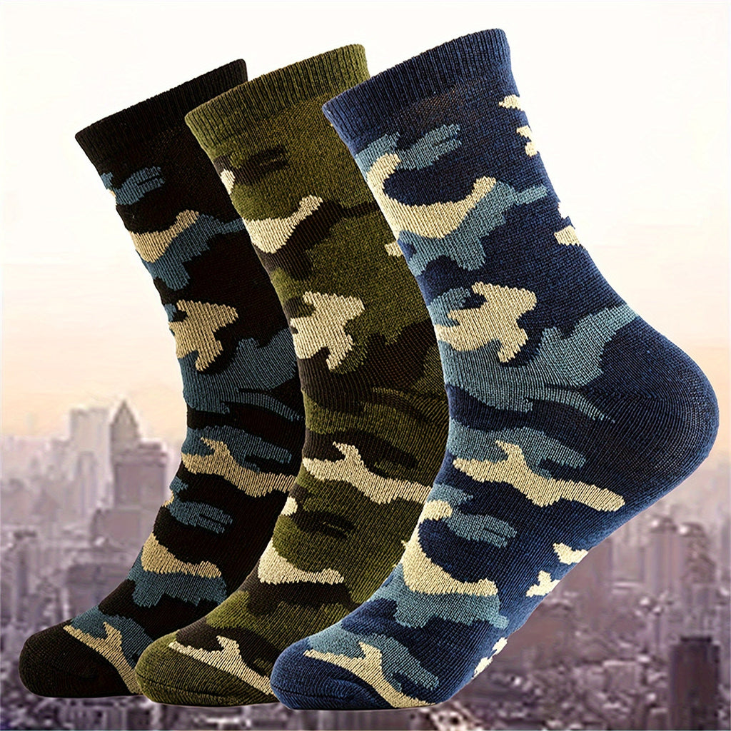 3 Pcs Men's Camo Sports Crew Socks - Durable, Stretchy, Ribbed Cuff for All Seasons Lootquake LLC