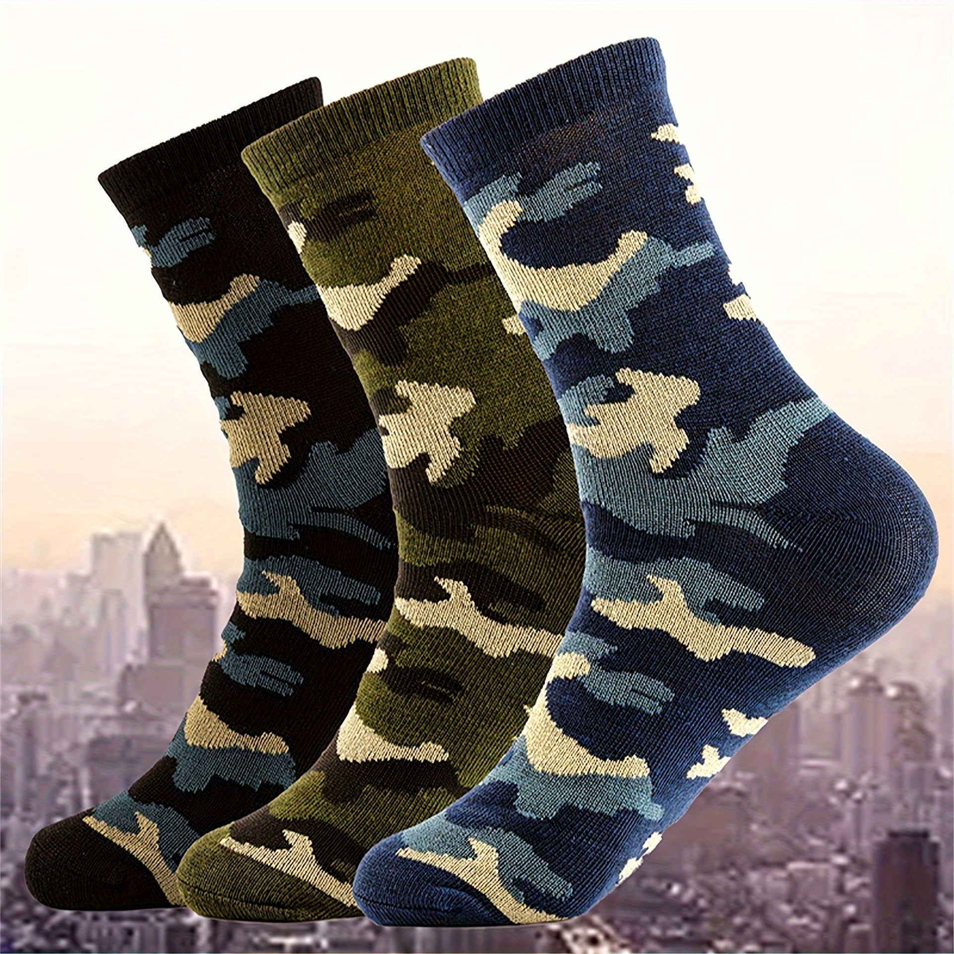 3 Pcs Men's Camo Sports Crew Socks - Durable, Stretchy, Ribbed Cuff for All Seasons Lootquake LLC