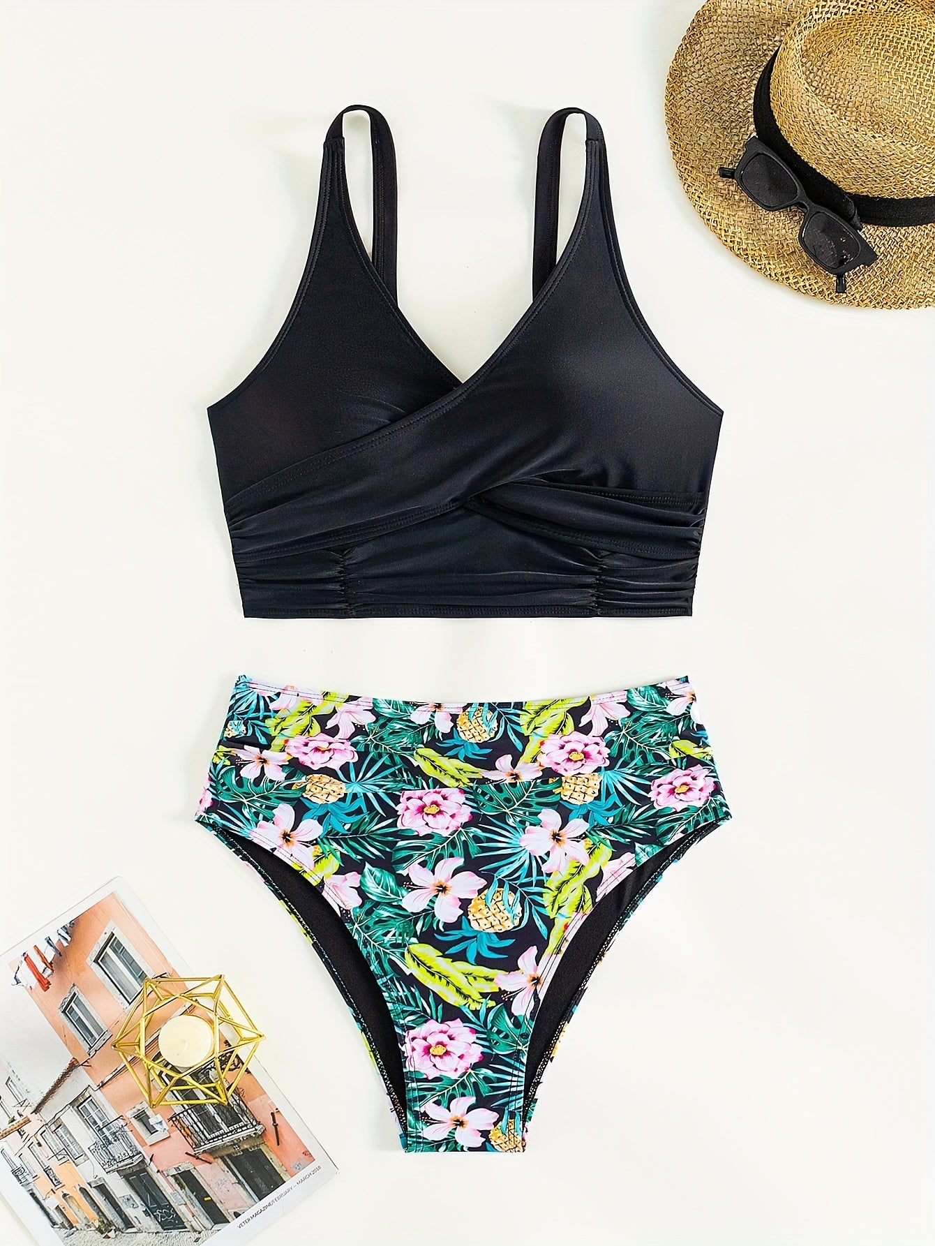 Bikini Solid Black Twist Front High Waist 2 Piece Swimsuit for Women – Stretchy V Neck Bikini Set with Ruched Tummy Control and Cross Strape Detail – Quick Drying Polyamide Swimwear for Beachwear Poolside and Summer Travel Stevvex
