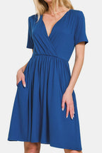 Surplice Short Sleeve Brushed DTY Dress – Elegant, Stylish Surplice Neckline, Soft Brushed Fabric, Comfortable All-Day Wear Stevvex