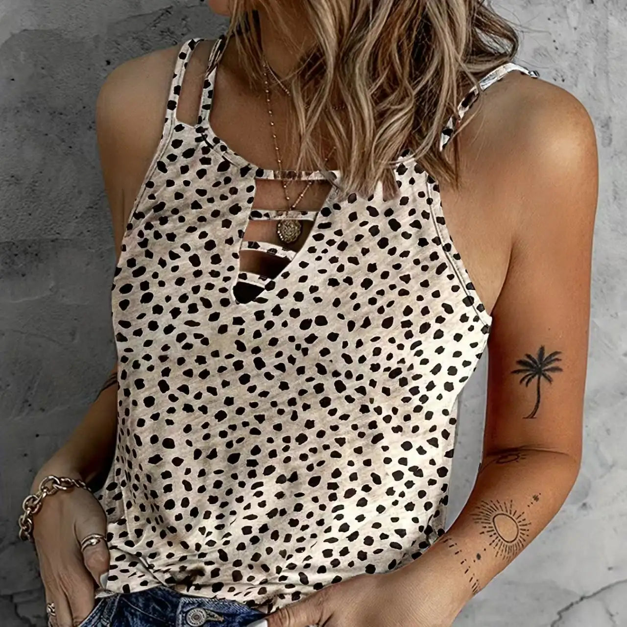 Ladies' Fashionable Casual Solid Color Printed Polka Dot Vest Top - SJB-DIAMOND ELITES