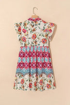 Rose Floral Ethnic Print Ruffle Mini Dress