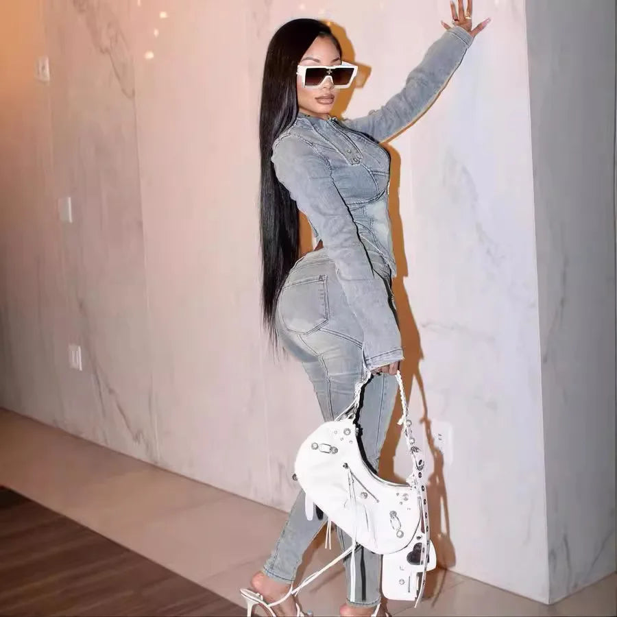 Denim Pant Set Women Two Piece Sets Matching Sets Zipper Short Tops Coats Long Pants High Waist Slim Fit Y2k Streetwear 2025 Purplish Diva
