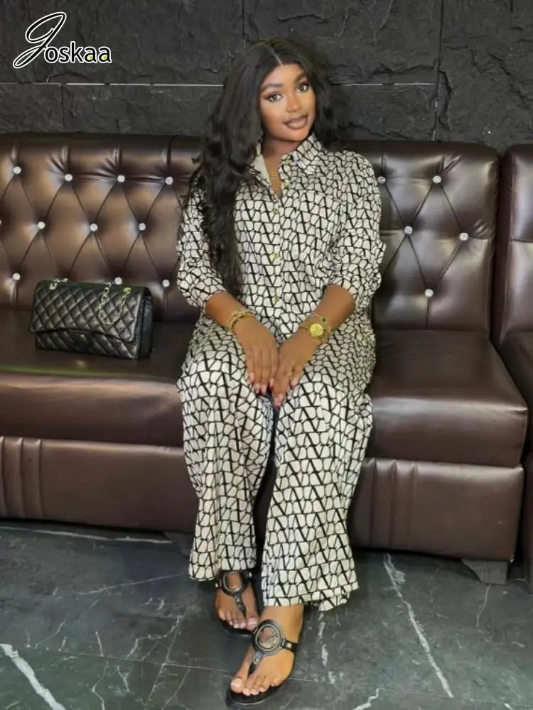 Joskaa Print 2 Piece Sets Women Hipster Lapel Full Sleeve Oversized Blouse and Wide Leg Pants Matching 2025 Y2K Streetwear Purplish Diva