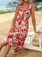 Smocked Surplice Midi Dress - Viscose Flowy Dress | Femstylo