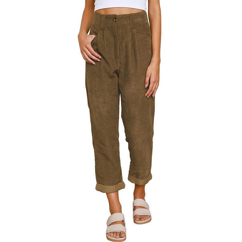 Women's High Waist Pure Color Corduroy Casual Pants Pi-Mart