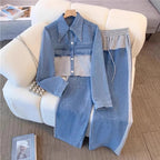 Two Piece Sets Women Pant Set Denim Splice Matching Sets Spring Top Wide Leg Long Pants Casual Loose Lace Up High Waist Jogger Purplish Diva