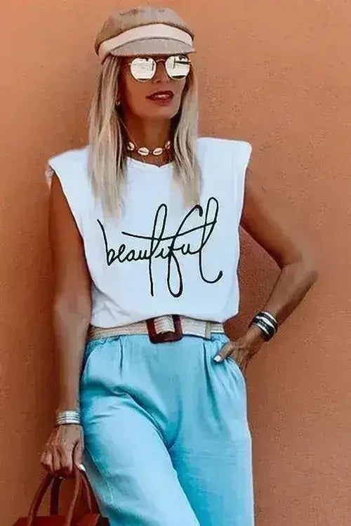 Padded Shoulder Letter Print Tank Top - SJB-DIAMOND ELITES