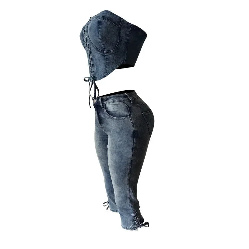 Fashion Sexy Lace-up Crop Jean Tube Top Women's Club Party Elastic Skinny Cropped Jeans Streetwear Two Piece Sets Purplish Diva