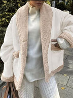Fuzzy Collared Neck Long Sleeve Jacket with Buttoned Closure and Cozy Pockets Stevvex