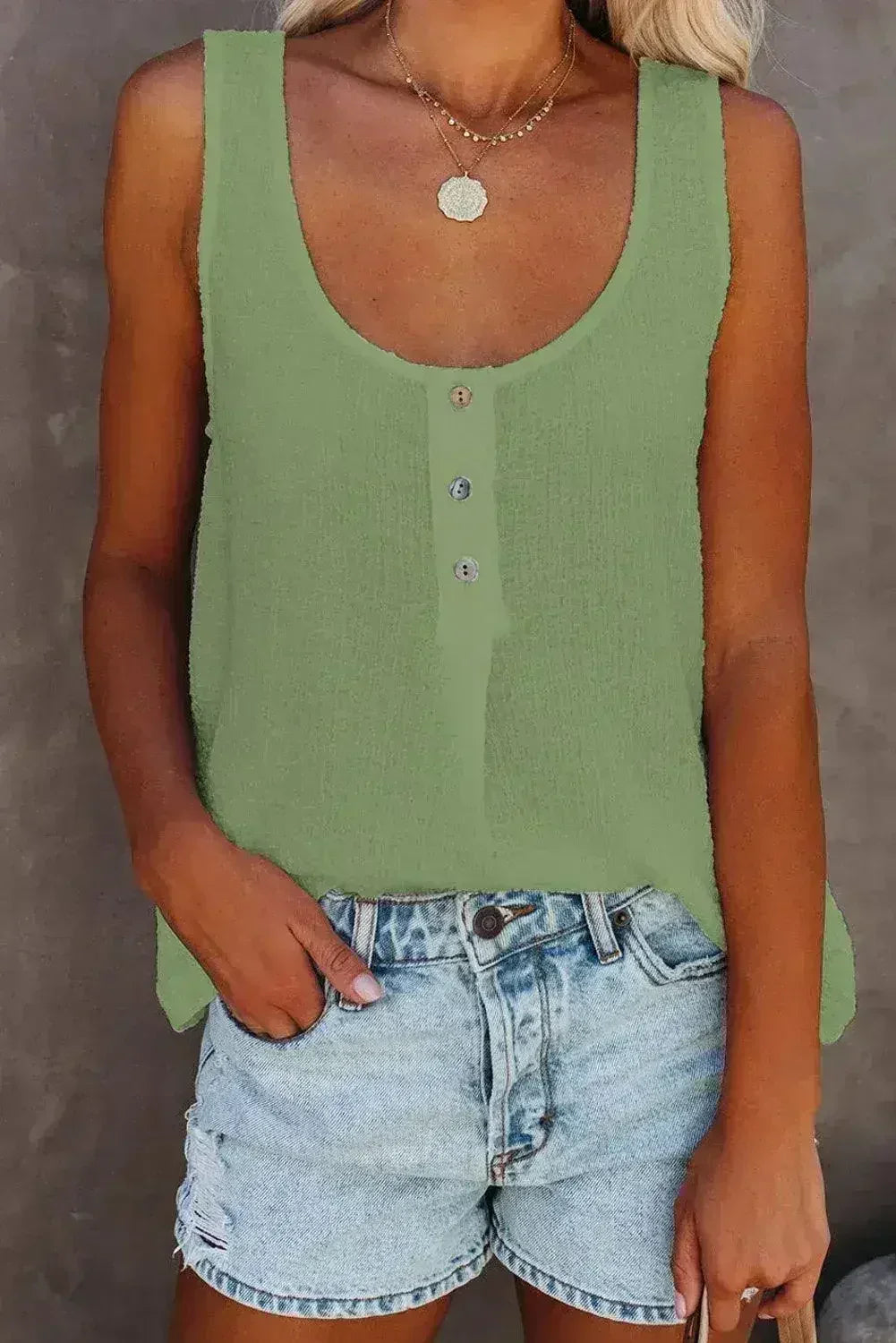 Button Textured Cotton Tank Top - SJB-DIAMOND ELITES