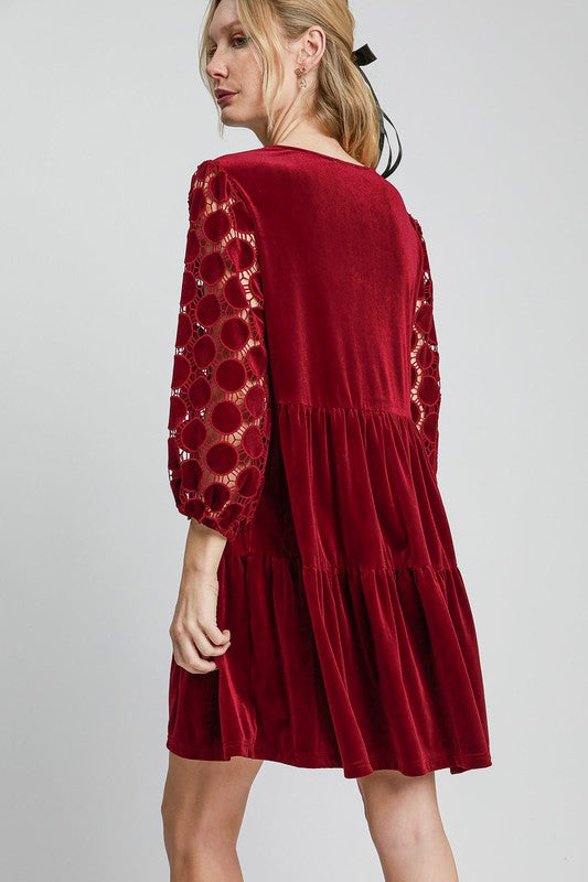 Dotted Lace Sleeve Tiered Velvet Mini Dress For Women – Vintage Lace Dress, Tiered Velvet Dress, Elegant Party Dress, Whimsical Lace Sleeve Dress, Chic Mini Dress Stevvex