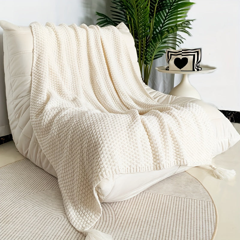 Cozy All-Season Knit Throw Blanket with Tassels - Boho-Chic Geometric Pattern in Natural Wood Color - Versatile for Sofa, Office, Bed, and Travel Lootquake LLC