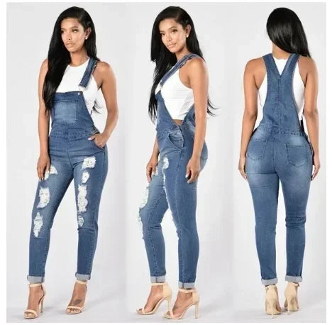 Women Demin Overalls Jumpsuits Jeans Distressed Pencil Pants Denim Holes Pockets Jenas High Street Mid Waist One Piece Slim Fit Purplish Diva