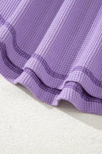 Blue Exposed Seam Drop Sleeve V Neck Waffle Textured Top