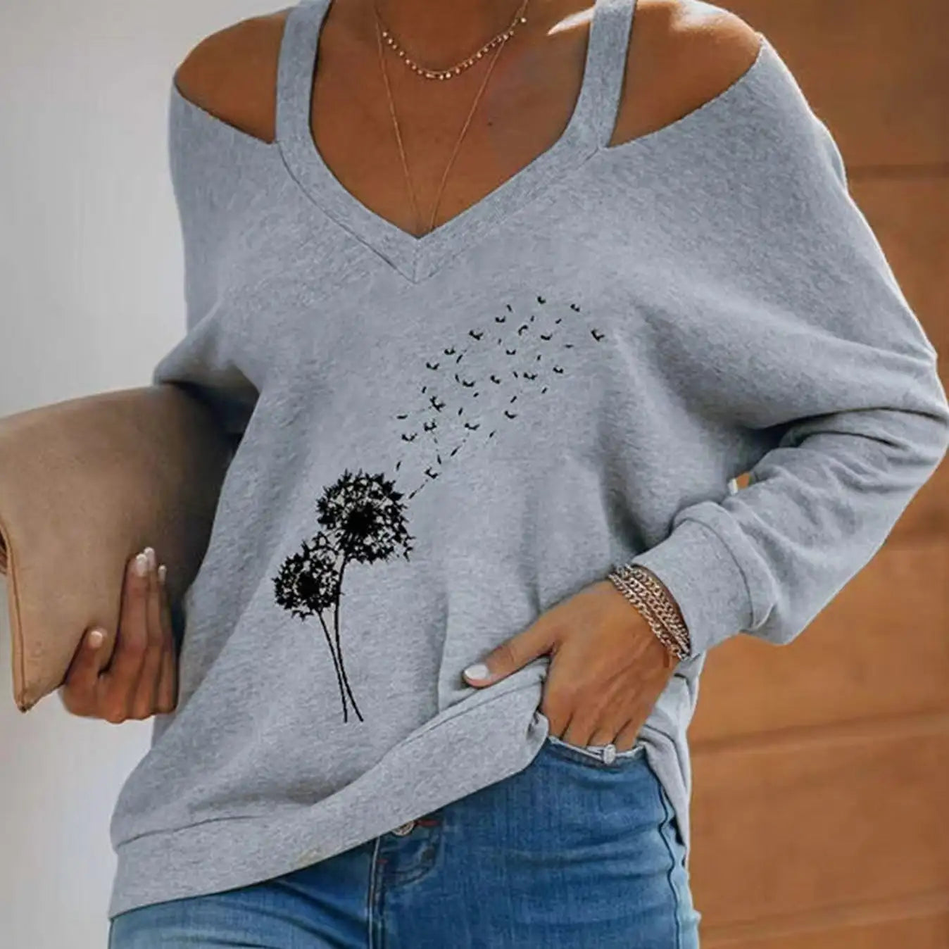 Women's V-neck Off Shoulder Printed Casual Clothing Shirt Long Sleeved Top - SJB-DIAMOND ELITES