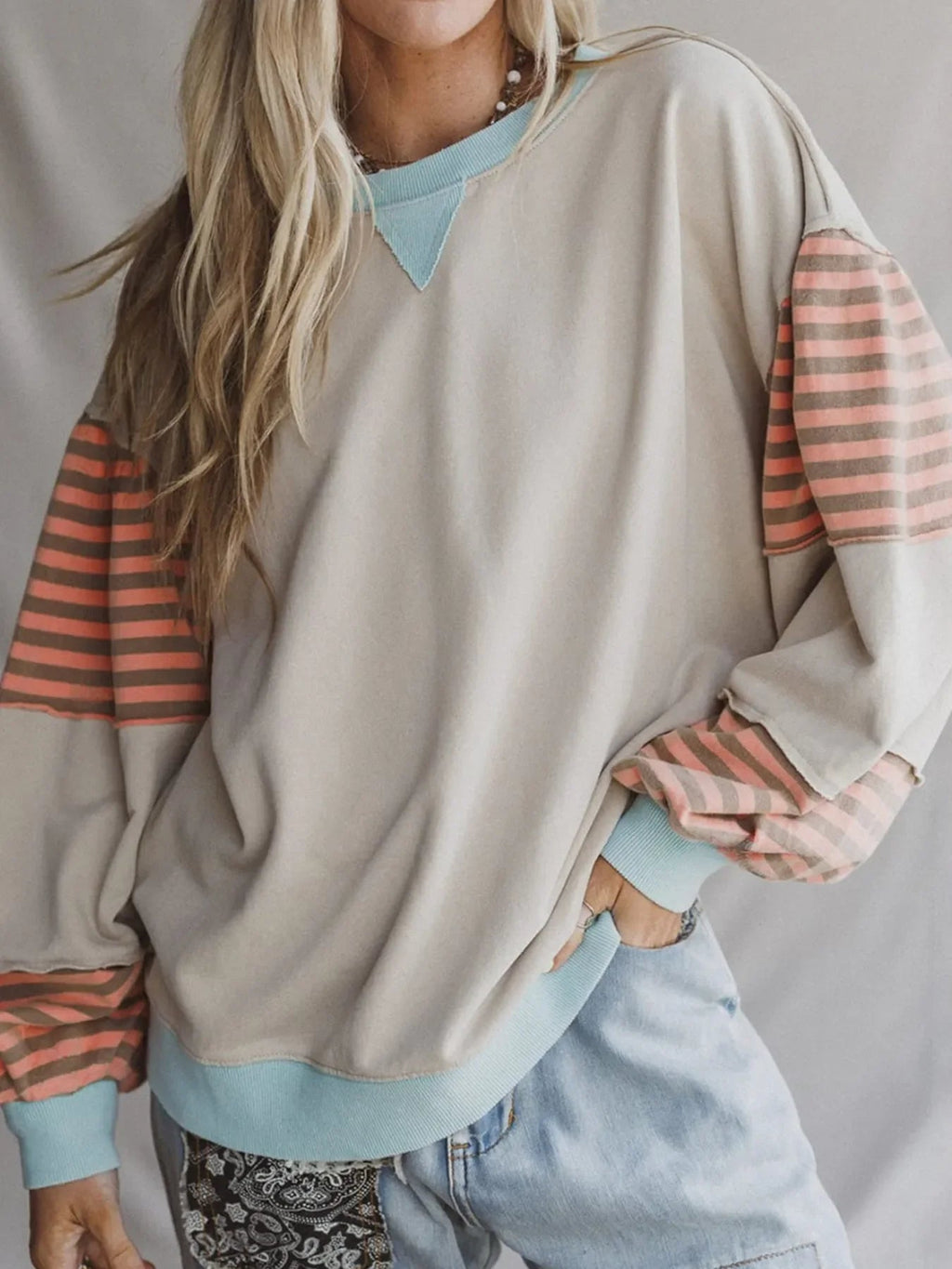 Colorblock Patchwork Drop Shoulder Sweatshirt THRIXINE